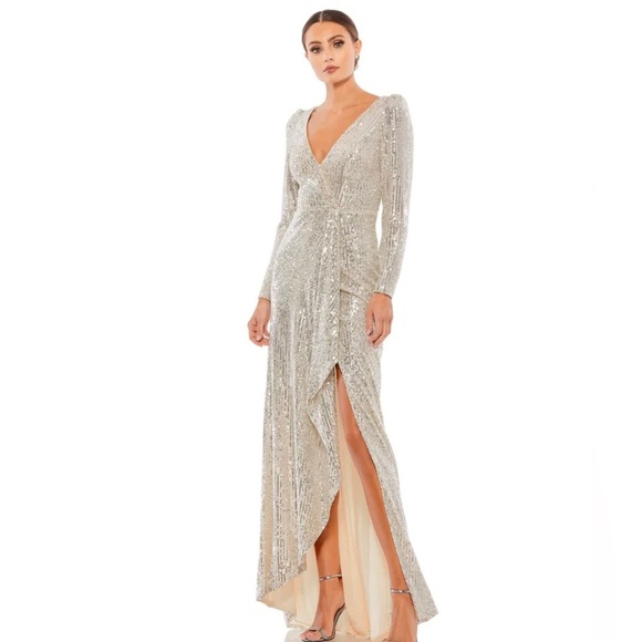 NWT Mac Duggal Silver Sequin Ruffle Hem High Slit Maxi Dress Size 8 - Picture 12 of 12